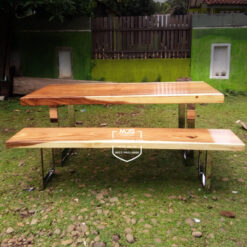 set meja kayu utuh trembesi kaki stainless