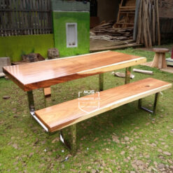 set meja kayu trembesi solid kaki stainless steel
