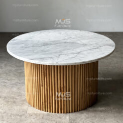 meja tamu marmer bundar kaki kayu jati garis
