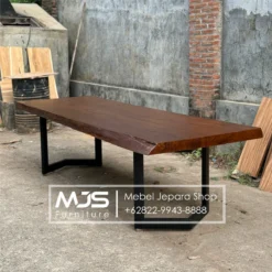Meja Jati Solid Join Slab Kaki Besi