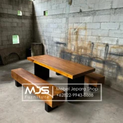 Set Meja Makan Kayu Solid Minimalis Modern Dengan Bangku Kayu Balok