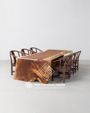 Set Meja Kayu Solid Trembesi Jumbo Lengkung L dengan Kursi Taichi