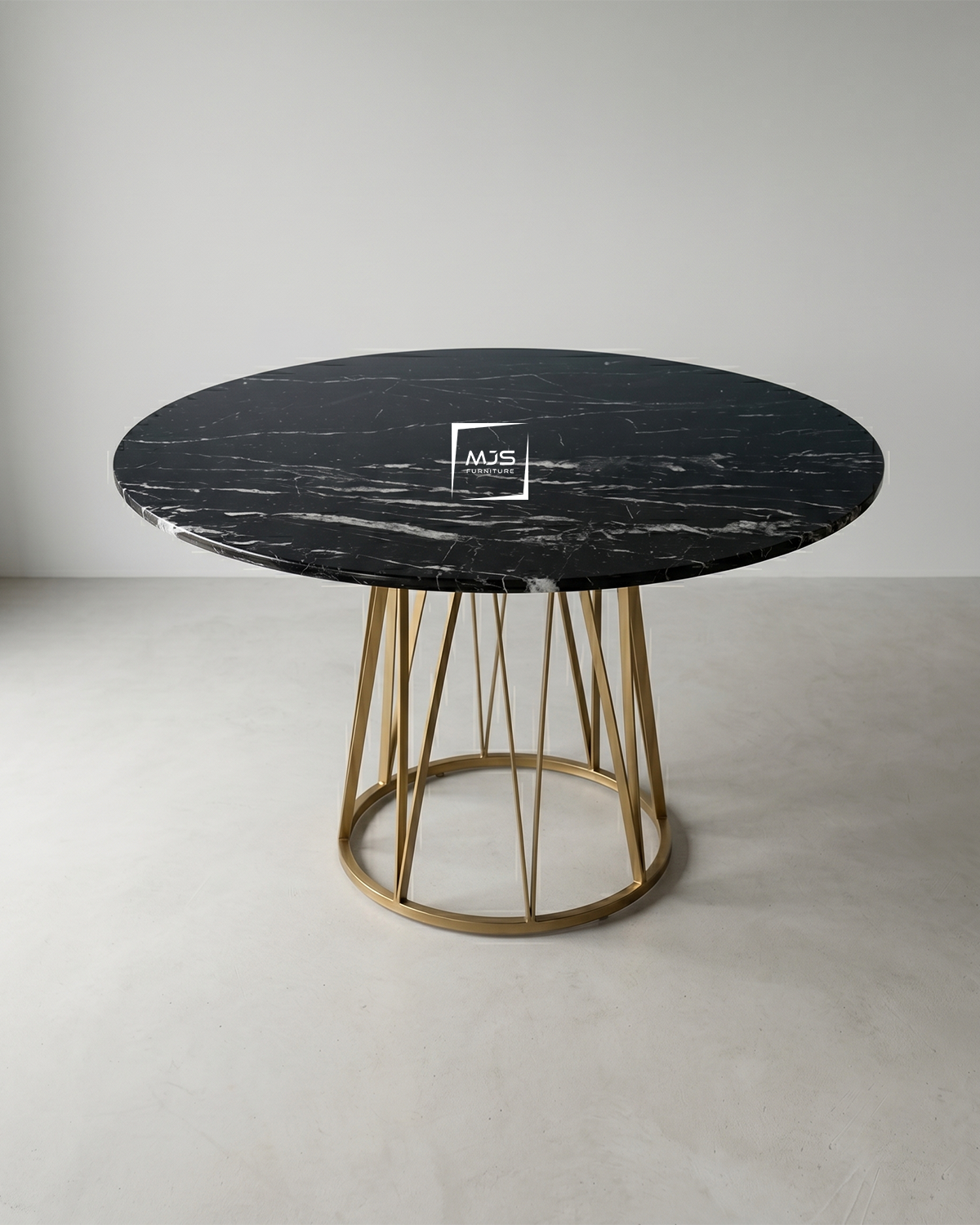Meja Makan Bundar Marmer Hitam Kaki Stainless Gold Elegan