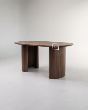 Meja Makan Oval Kayu Trembesi Kaki Lengkung Finishing Walnut