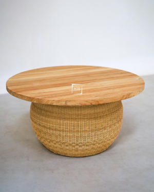 Coffee Table Jati Bundar Kombinasi Rotan Sintetis