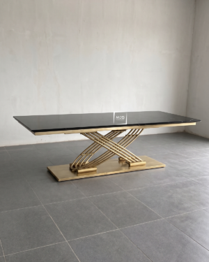 Meja Makan Mewah Marmer Hitam Desain Kaki Silang Gold